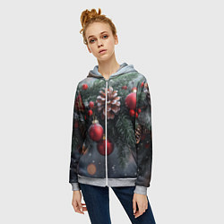 Толстовка на молнии женская Красные игрушки на елке и шишки, цвет: 3D-меланж — фото 2