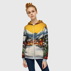 Толстовка на молнии женская Ламповый новый год - домики, цвет: 3D-меланж — фото 2