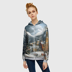 Толстовка на молнии женская Новогодняя огромная елка и маленькие домики, цвет: 3D-меланж — фото 2