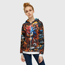Толстовка на молнии женская Соник и Наклз на фоне огня и роботов, цвет: 3D-белый — фото 2