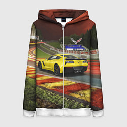 Толстовка на молнии женская Chevrolet Corvette на гоночной трассе, цвет: 3D-белый