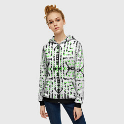 Толстовка на молнии женская Чёрно-зелёный диагональные полосы на белом фоне, цвет: 3D-черный — фото 2
