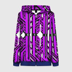 Толстовка на молнии женская Чёрно-фиолетовые техно полосы на белом фоне, цвет: 3D-синий