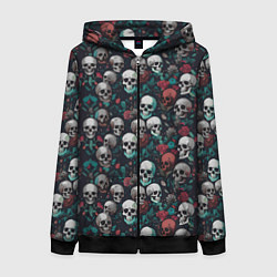 Толстовка на молнии женская Красные цветы и черепа, цвет: 3D-черный