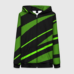 Толстовка на молнии женская Чёрно-зелёный абстрактные полосы, цвет: 3D-черный