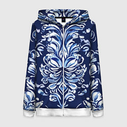 Толстовка на молнии женская Гжель русский орнамент королевский синий, цвет: 3D-белый