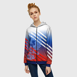 Толстовка на молнии женская Герб России на фоне цветов флага и полосы, цвет: 3D-синий — фото 2
