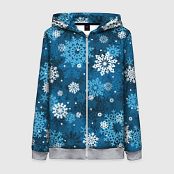 Толстовка на молнии женская Снежинки белые и голубые, цвет: 3D-меланж