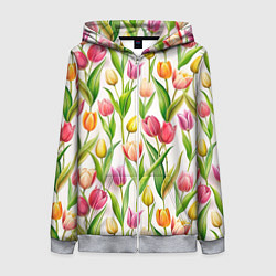Толстовка на молнии женская Тюльпаны на белом фоне, цвет: 3D-меланж