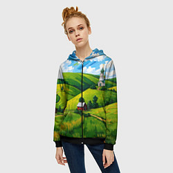 Толстовка на молнии женская Русская деревенька, цвет: 3D-черный — фото 2