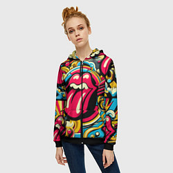 Толстовка на молнии женская Rolling Stones logo - pop art pattern, цвет: 3D-черный — фото 2