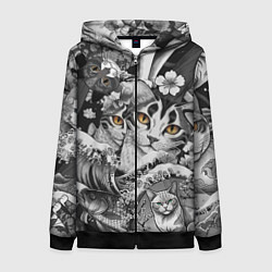 Толстовка на молнии женская С котами и рыбой на фоне сакуры в волнах, цвет: 3D-черный