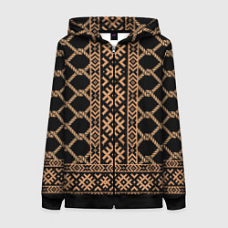 Толстовка на молнии женская Золотые узоры на черном с канатами - вышиванка руб, цвет: 3D-черный