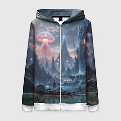 Женская толстовка на молнии Фантастический мир с медузами и озеро у гор