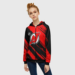 Толстовка на молнии женская Нью Джерси Девилз - красные потертости, цвет: 3D-черный — фото 2