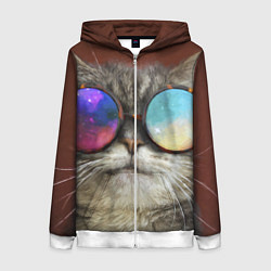 Толстовка на молнии женская A Cat with multicolored glasses, цвет: 3D-белый