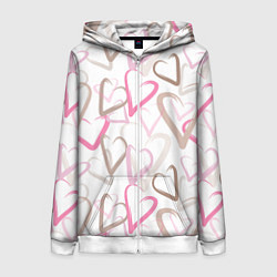 Толстовка на молнии женская Розовые сердца, цвет: 3D-белый