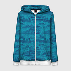 Толстовка на молнии женская Корюшка пошла по Неве на синем фоне, цвет: 3D-белый