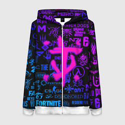 Толстовка на молнии женская Doom логотипы игр неон, цвет: 3D-белый