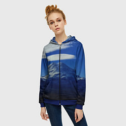 Толстовка на молнии женская Эльбрус с облаками, цвет: 3D-синий — фото 2