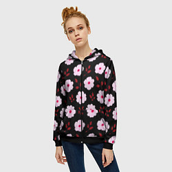 Толстовка на молнии женская Чёрный в светлый розовый цветочек паттерн, цвет: 3D-черный — фото 2