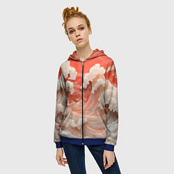 Толстовка на молнии женская Японские красные волны, цвет: 3D-синий — фото 2