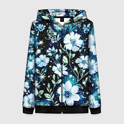Толстовка на молнии женская Стилизованные цветы сине-зелёный, цвет: 3D-черный