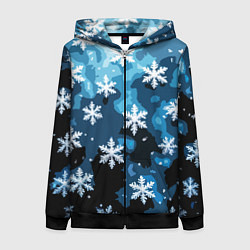 Толстовка на молнии женская Стилизованный паттерн со снежинками тёмно-синий, цвет: 3D-черный