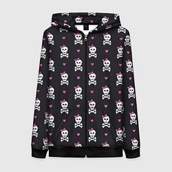 Толстовка на молнии женская Милый паттерн с черепами и сердцечками на черном ф, цвет: 3D-черный