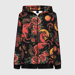 Толстовка на молнии женская Красная лошадь с розами, цвет: 3D-черный