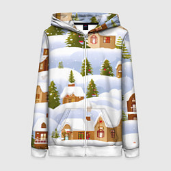 Толстовка на молнии женская Новогодние домики и елочки, цвет: 3D-белый