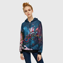 Толстовка на молнии женская Санта с динозавром, цвет: 3D-черный — фото 2