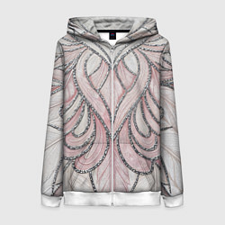 Толстовка на молнии женская Нежно розовый орнамент из перьев, цвет: 3D-белый