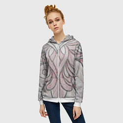 Толстовка на молнии женская Нежно розовый орнамент из перьев, цвет: 3D-белый — фото 2