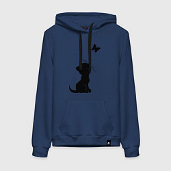 Толстовка-худи хлопковая женская Котенок и бабочка, цвет: тёмно-синий