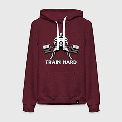 Толстовка-худи хлопковая женская Train hard тренируйся усердно, цвет: меланж-бордовый