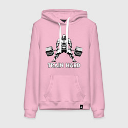 Толстовка-худи хлопковая женская Train hard тренируйся усердно, цвет: светло-розовый