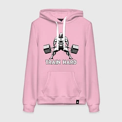 Толстовка-худи хлопковая женская Train hard тренируйся усердно, цвет: светло-розовый