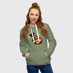 Толстовка-худи хлопковая женская Хэллоуин в стиле стимпанк с тыквой в шляпе, цвет: авокадо — фото 2