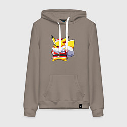 Толстовка-худи хлопковая женская НОВОГОДНИЙ ПИКАЧУ САНТА КЛАУС, цвет: утренний латте