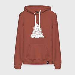 Толстовка-худи хлопковая женская НОВОГОДНЯЯ ЕЛКА ИЗ КОТОВ, цвет: кирпичный