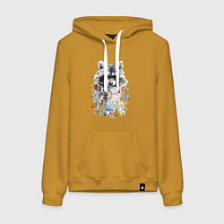 Толстовка-худи хлопковая женская Мордочка енота - акварель, цвет: горчичный