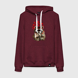 Толстовка-худи хлопковая женская Поцелуйчик енота с сердечками, цвет: меланж-бордовый