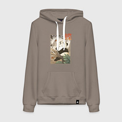 Толстовка-худи хлопковая женская Панда и бабочка - Японская гравюра Укиё Э, цвет: утренний латте