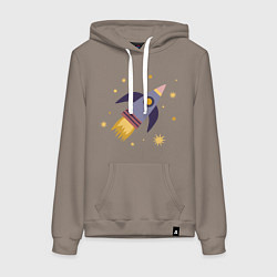 Толстовка-худи хлопковая женская Космическая ракета и звезды, цвет: утренний латте