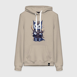 Толстовка-худи хлопковая женская Аниме котик самурай, цвет: миндальный