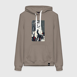 Толстовка-худи хлопковая женская Волк на фоне луны - мегаполис - нейросеть, цвет: утренний латте