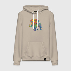 Толстовка-худи хлопковая женская Разноцветный слоник, цвет: миндальный