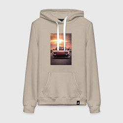 Толстовка-худи хлопковая женская Авто в багровом закате, цвет: миндальный