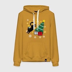 Толстовка-худи хлопковая женская Кот и елка, цвет: горчичный
